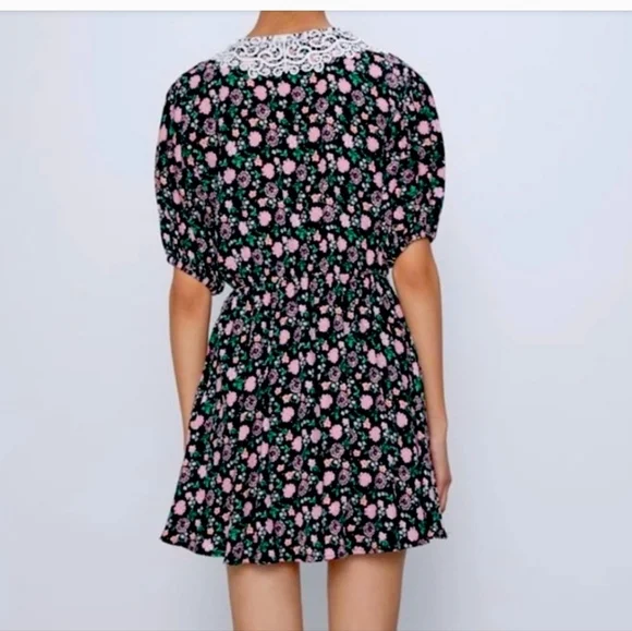 ZARA Women's Floral Mini Dress Size L Black Pink Puff Sleeve Lace Collar Cottage - Picture 2 of 8